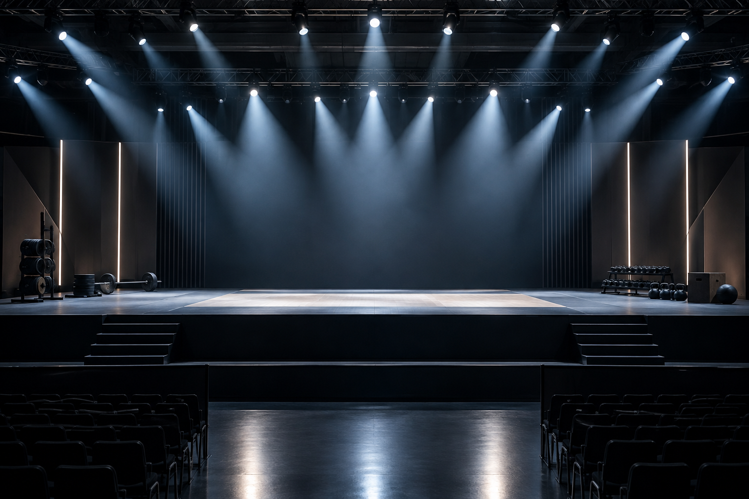 照明が演出する無人のフィットネス競技会場イメージ